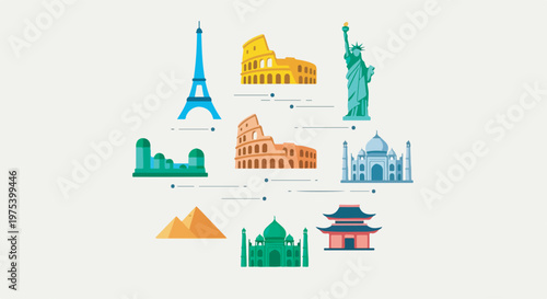 Flat design illustration of famous world landmarks and travel destinations arranged in a circular infographic style.