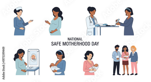A diverse group of women are depicted in a vector illustration celebrating National Safe Motherhood Day, showcasing various stages of pregnancy and maternal healthcare against a clean white