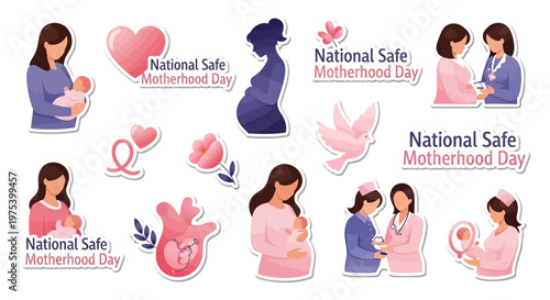 A flat lay featuring National Safe Motherhood Day illustrations with depictions of pregnant women and mothers with infants, presented in pastel pink and purple hues against a clean white