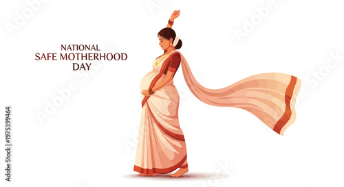 Elegant vector illustration commemorating National Safe Motherhood Day, displaying a pregnant woman in a flowing white sari, tenderly holding her belly against a clean white backdrop