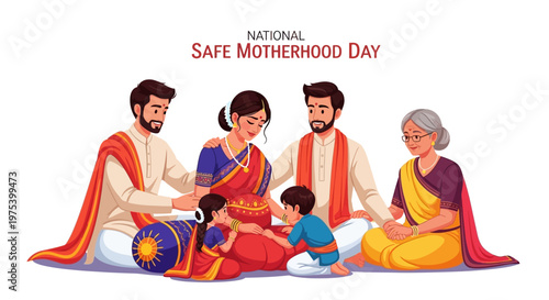 A family gathers together in a vector illustration to celebrate National Safe Motherhood Day, showcasing maternal health awareness with traditional Indian clothing and warm colors