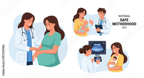 Vector design illustrating National Safe Motherhood Day, featuring doctors providing prenatal care and maternal healthcare to expectant mothers, with soft pastel colors and a clean, modern