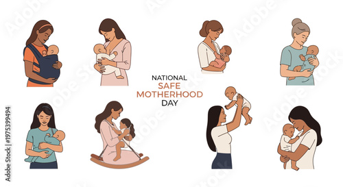 A collection of motherhood illustrations depict diverse women holding their babies in various poses, celebrating National Safe Motherhood Day with a focus on maternal healthcare and healthy