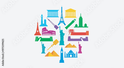 Colorful flat design icons of world famous landmarks and travel destinations arranged in a circular shape.