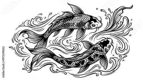 Two Koi Fish Swimming Together.