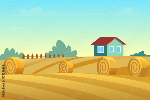 A peaceful countryside scene featuring hay bales and a small house