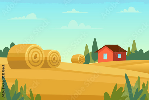 A picturesque countryside scene featuring hay bales and a red farmhouse
