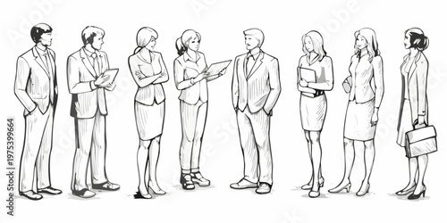 A group of professionals standing and conversing in a sketched style