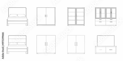 Line art illustration of bedroom furniture and storage cabinets