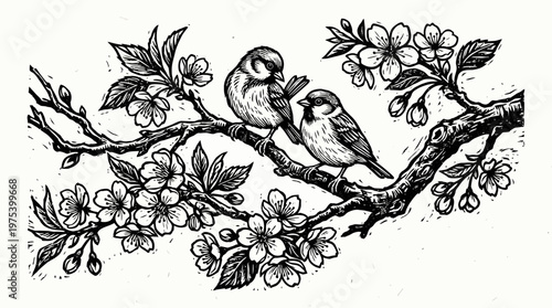 Two small birds on a branch.