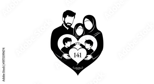 Family Silhouette in Heart Shape with Children and Parents.