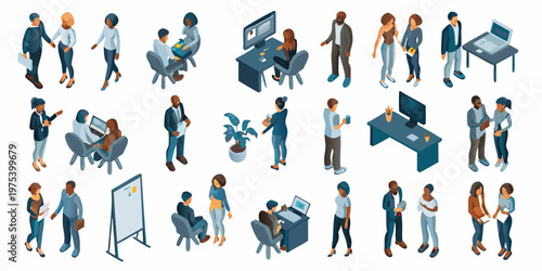 Isometric illustration depicting diverse people interacting in various work settings