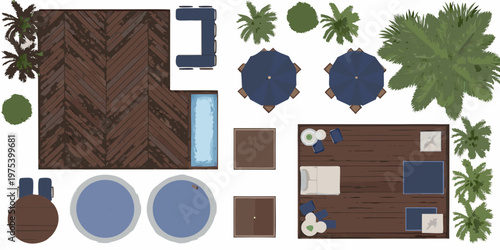 Aerial view illustration of a poolside outdoor living space design