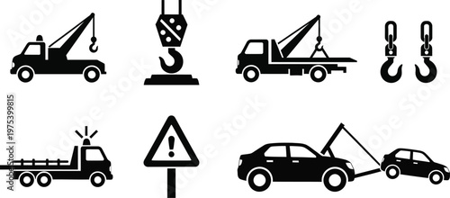Black and white vector icons depicting roadside assistance and vehicle recovery services