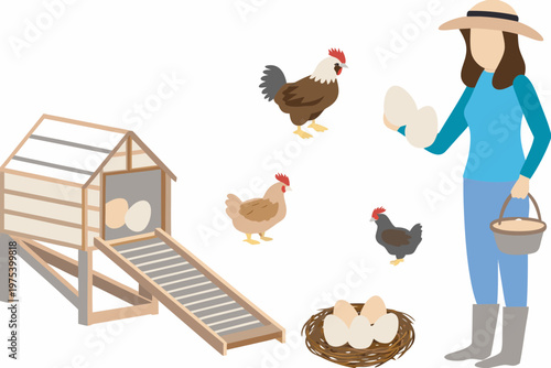 A woman feeding chickens near a coop and nest with eggs
