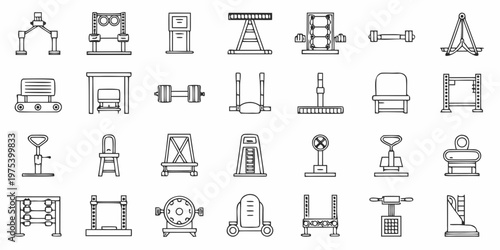 Line art illustrations depicting various pieces of gym and fitness equipment