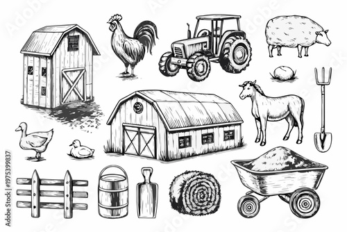 A collection of hand drawn farm elements including animals buildings and tools