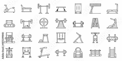 Collection of linear gym equipment icons in a monochrome style