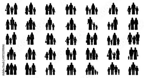 Family silhouettes representing different family structures and relationships in black and white.