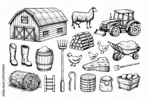 Vintage farm illustration featuring a barn tractor and various agricultural tools