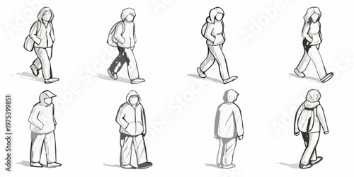 Sketch collection of eight people walking in various poses