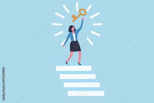 Woman reaching for a golden key atop ascending white steps