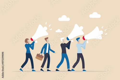 Quadro su tela Four people walk while shouting into large white megaphones
