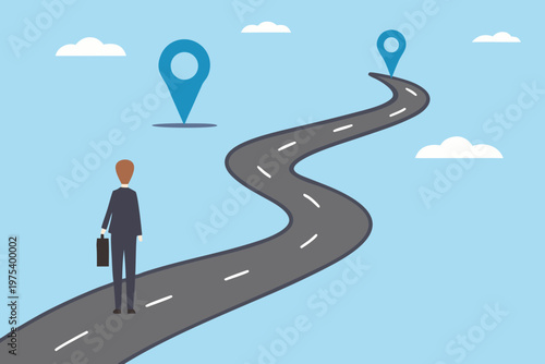 A businessman contemplates a winding road ahead with location markers