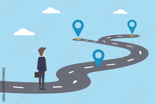 A man contemplates a winding road with location markers ahead