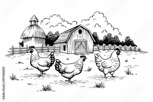 Charming farm scene with a barn silo and three foraging chickens