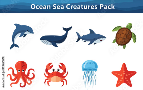 Ocean Sea Creatures Pack Illustrations Featuring Dolphin, Whale, Shark, Turtle, Octopus, Crab, Jellyfish, and Starfish