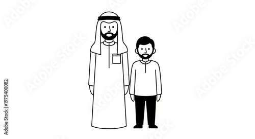 Father and son in traditional Arab attire standing together.