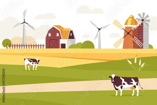 Rural landscape featuring a farm windmills and grazing cows