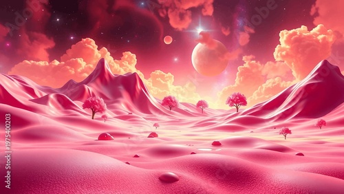 Dreamlike Pink Alien Landscape with Mysterious Planets, Glowing Clouds, and Fantasy Trees