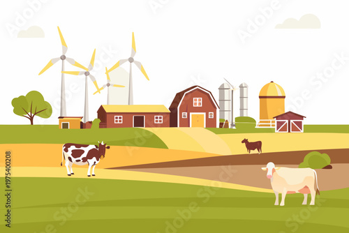 A peaceful countryside scene featuring a farm cows and wind turbines