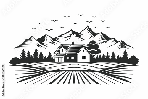 A quaint cabin nestled in a mountainous landscape with a flock of birds