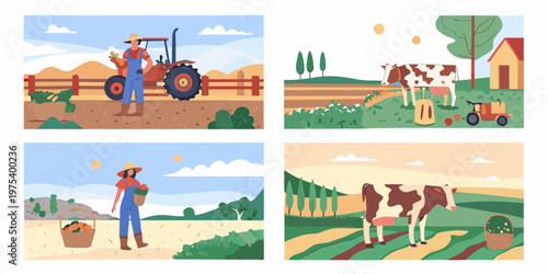 Illustrative scenes of farm life showcasing agriculture and rural landscapes