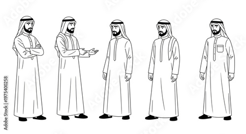 Five Arab men in traditional attire standing in various poses.