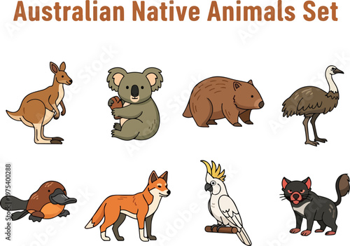 Australian Native Animals Vector Set Featuring Koala, Kangaroo, Wombat, and Platypus