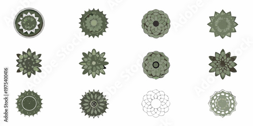 Collection of illustrated artichoke tops in varying shades of green