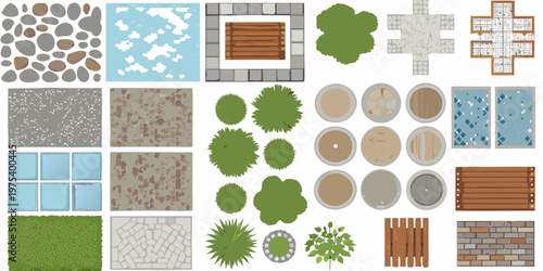 Aerial view of various landscape elements arranged in a grid pattern