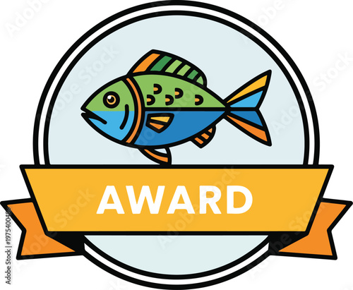 Colorful Fish Award Badge Vector Illustration On Light Blue Background