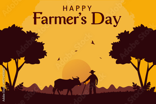 Happy farmer s day greeting with silhouette of farmer and cow