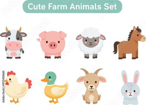 Collection of Adorable Farm Animals, Including a Cow, Pig, Sheep, Horse, Chicken, Duck, Goat, and Rabbit
