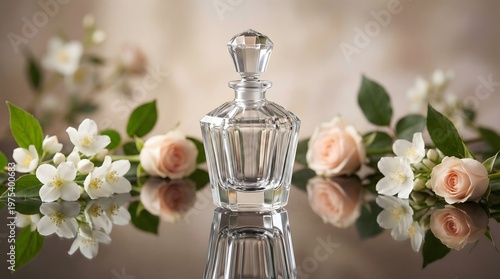 Luxury perfume bottle illuminated by natural light against a clean background, highlighting a soft and elegant fragrance concept.