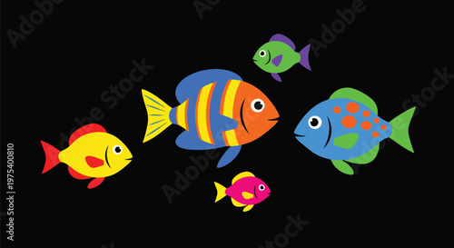 Colorful Pixel Art Fish Isolated On Black Background Flat Illustration