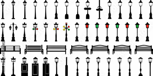 Collection of black and white street lamps and park benches illustrations