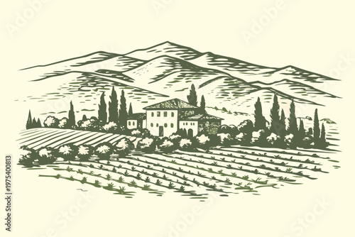 A sketched italian countryside landscape with a villa and rolling hills