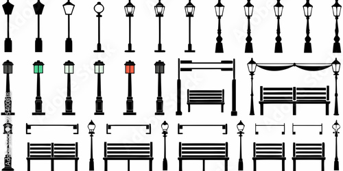 Collection of vintage street lamps benches and park furniture icons