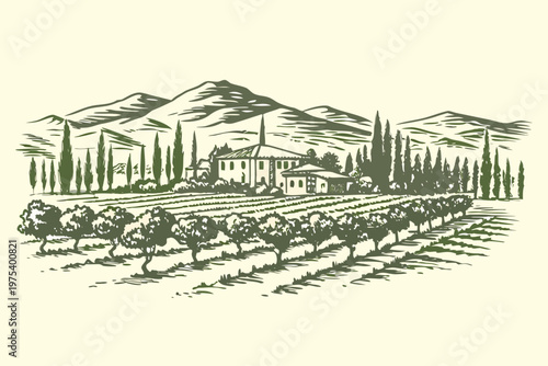 A picturesque tuscan landscape featuring a villa and vineyard rows